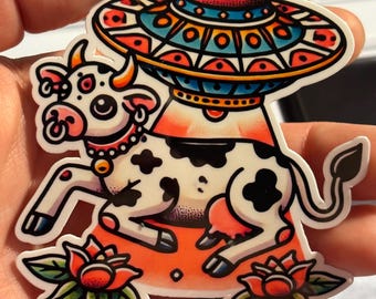 Ufo Cow Traditional Tattoo Stickers | |Glossy stickers | Indoor stickers | Waterproof Stickers| personalized Stickers| Handmade Stickers