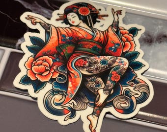 Dancing Geisha Traditional Tattoo Stickers |Glossy stickers | Indoor stickers | Waterproof Stickers| personalized Stickers| Handmade Sticker