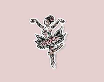 Tatted Ballerina Traditional Tattoo Glossy stickers | Indoor Stickers | Waterproof Stickers| personalized Stickers| Handmade Stickers