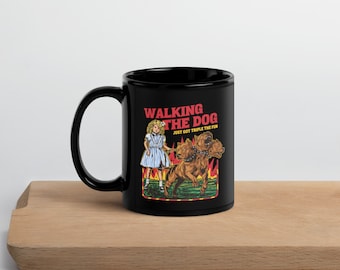 Halloween Dog walking black mug, vintage style retro Mug, Stranger thing Mug, Cerberus Mug, Funny Horror Mug, Gift for Dog Walker