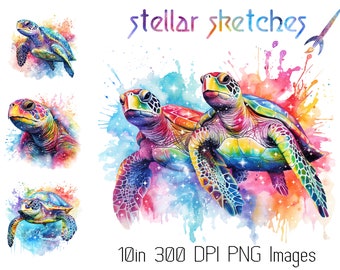 Celestial Watercolor Sea Turtle Clip Art - Commercial Use