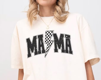 Comfort Colors Mama Shirt: Lightning Bolt Checkered Mom Tee