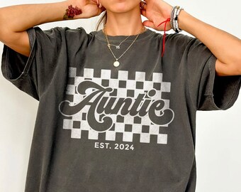 Comfort Colors Auntie Shirt: Checkered Aunt Era Tee, Pregnancy Reveal