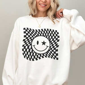 Groovy Checkered Smiley Face Sweatshirt: Retro Trendy Crewneck