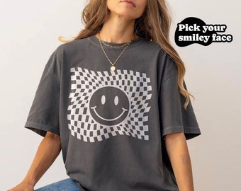 Comfort Colors Smiley Face Shirt: Groovy Checkered Retro Tee