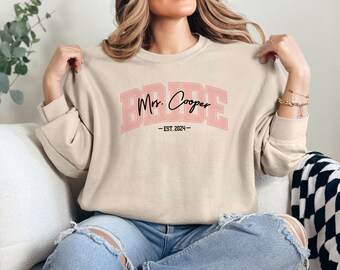 Sudadera personalizada Mrs Bride Crewneck para regalo de fiesta nupcial Suéter de despedida de soltera personalizado para mujeres Regalo de suéter nupcial vintage para novia