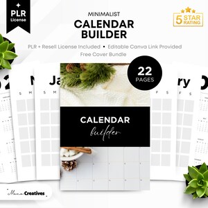 Op de afbeelding: Een minimalistisch kalenderbouwerontwerp met de tekst "CALENDAR BUILDER" in wit op een zwarte achtergrond. De afbeelding bevat een "5 STAR RATING"-badge en de tekst "22 PAGES". Het ontwerp bevat ook de tekst "PLR License".