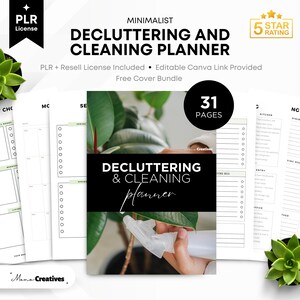 Könnte beinhalten: Ein minimalistischer Entrümpelungs- und Reinigungsplaner mit 31 Seiten. Das Cover zeigt den Text "Decluttering & Cleaning Planner" auf schwarzem Hintergrund. Das Bild enthält eine Pflanze und den Text "PLR License" und "5 Star Rating".