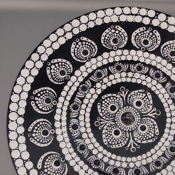 Handmade Dot Mandala Painting on Vinyl LP "Black and White" Acrylic Paints Glitter Resin Rhinestone Embellishments Upcycle