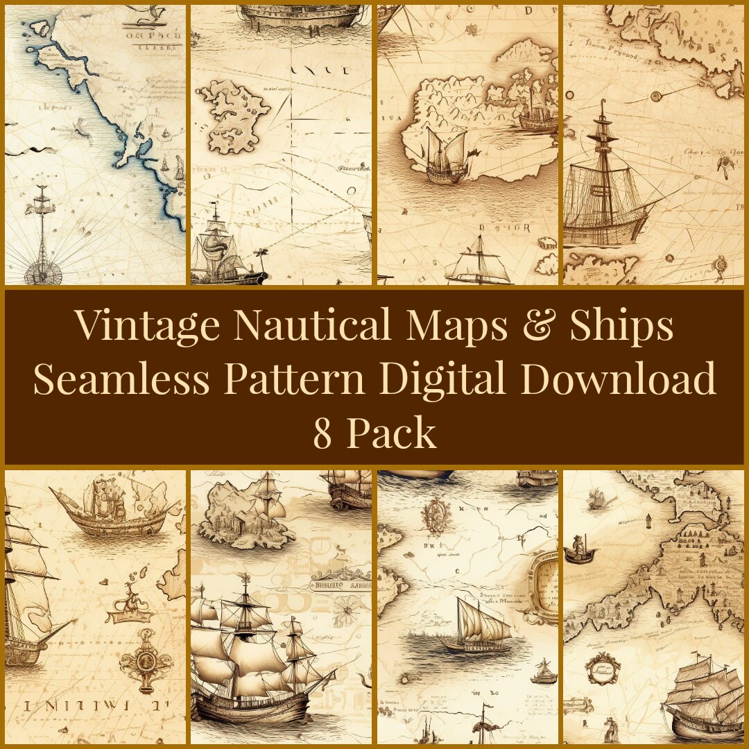 Vintage Nautical Maps &amp; Sail Ships Seamless Pattern Digital - Etsy