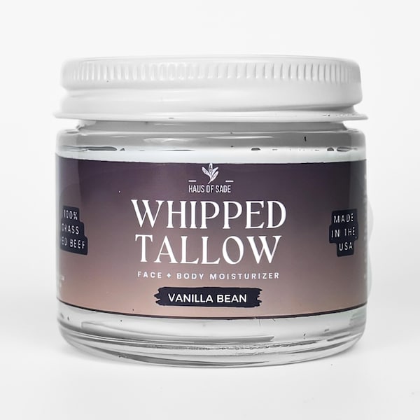 Crema hidratante de sebo batido con vainilla, crema natural para rostro y cuerpo, 100% de vacas alimentadas con pasto, hecha en EE. UU.