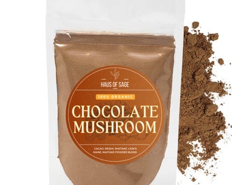 100% Organic Chocolate Mushroom Powder • 1 Oz • No Additives, Pesticides, or Chemicals • Reishi, Maitake, Lion's Mane, Shiitake & Cacao