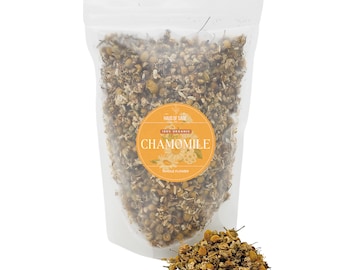 100% Organic Chamomile • Matricaria chamomilla • No Additives, Pesticides, or Chemicals • Whole Flower