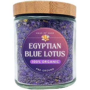 PRE-GROUND 100% Organic Egyptian Blue Lotus Petals & Stems Blend • 1 Oz • Premium Glass Container • No Additives, Pesticides, or Chemicals