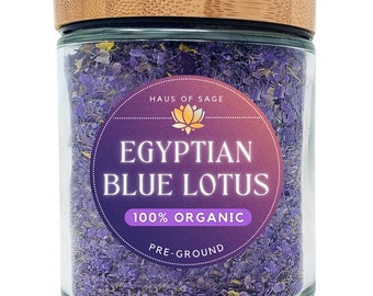 PRE-GROUND 100% Organic Egyptian Blue Lotus Petals & Stems Blend • 1 Oz • Premium Glass Container • No Additives, Pesticides, or Chemicals