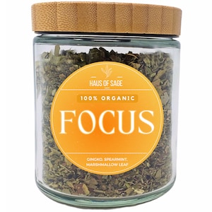 Focus Tea - 100% Organic Loose Leaf Herbal Tea Blend • 1 Oz • Premium Glass Container No Additives, Chemicals or Preservatives  •  Tea Gift