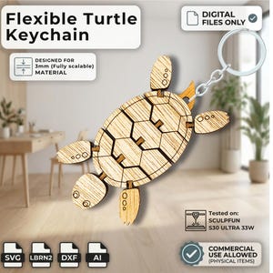 May include: A wooden flexible turtle keychain with a silver keyring. The turtle is made of interlocking pieces and has a detailed shell design. The text "Flexible Turtle Keychain" is at the top. The design is for 3mm material.