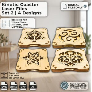 Può includere: Quattro sottobicchieri in legno tagliati al laser con intricati disegni geometrici. I sottobicchieri sono quadrati con bordi decorativi e presentano diversi motivi, tra cui una stella, un fiore della vita e altre forme astratte. Il testo "Kinetic Coaster Laser Files Set 2 | 4 Designs" è visibile.