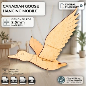 Può includere: Mobile sospeso in legno a forma di oca canadese con ali spiegate. Il mobile è progettato per materiale da 2,5 mm e include il testo "CANADIAN GOOSE HANGING MOBILE". Il design è testato su SCULPFUN S30 ULTRA 33W.