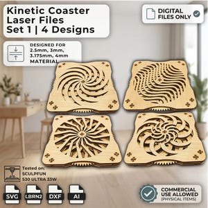 Puede incluir: Cuatro posavasos de madera cortados con láser con diseños cinéticos. Cada posavasos presenta un patrón único de líneas y formas arremolinadas. La imagen incluye texto que dice "Kinetic Coaster Laser Files Set 1 | 4 Designs" y "DIGITAL FILES ONLY".
