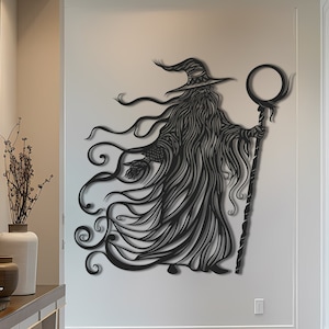 Wizard Wall Decor, Powerful Wizard Silhouette Laser Cut, Detailed Modern Design, Perfect for Home Decor, Wizard With Him Staff, Line Art