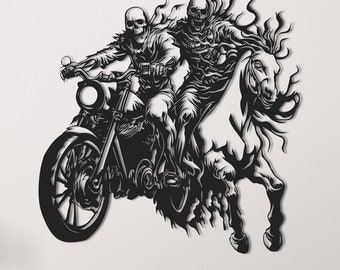 Undead Riders Metal Wall Art – Laser Cut Silhouette of Biker & Horseman – Modern Gothic Decor for Home or Garage |