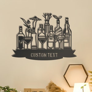 Modern Cocktail & Bottle Metal Wall Art, Laser Cut Decor with Custom Text Area, Detailed Bar Sign for Home or Bar, Personalized Gift Idea