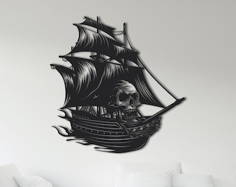 Arte de parede de metal com caveira de navio pirata, tapeçarias náuticas, arte de parede de metal com caveira de navio pirata, silhueta moderna de navio pirata com caveira, presente náutico