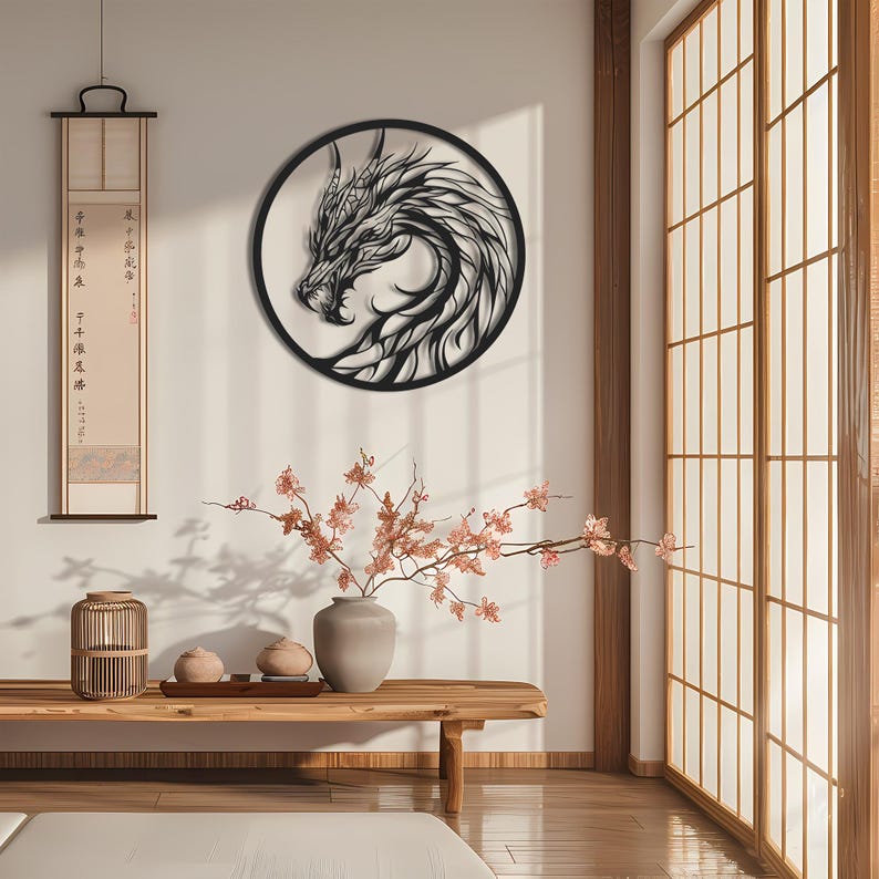 May include: A black metal dragon wall art piece, circular in shape, mounted on a white wall. The dragon is depicted in profile, with intricate details. The room features a wooden bench, vase with flowers, and a traditional Japanese-style screen.