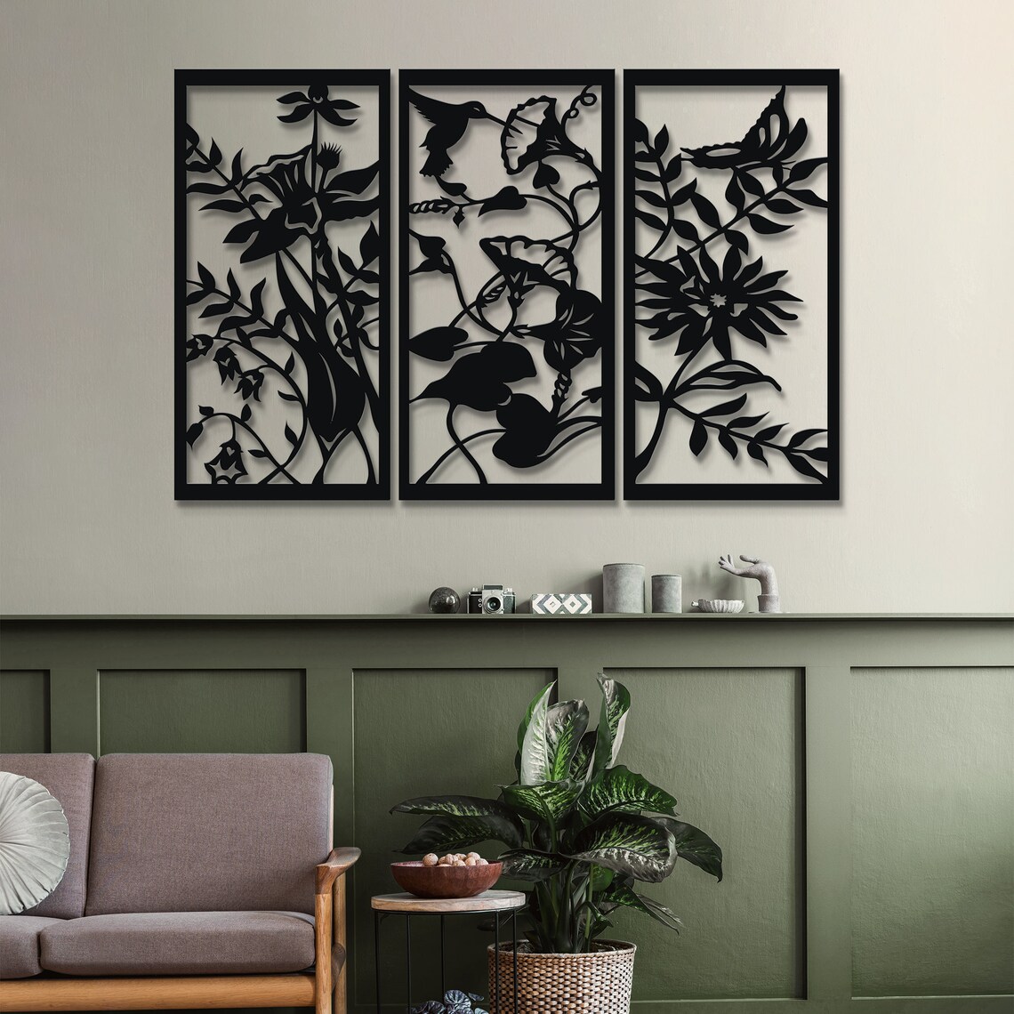 Set of 3 Tree Panel Metal Wall Art, Modern Black Branches Wall Decor ...