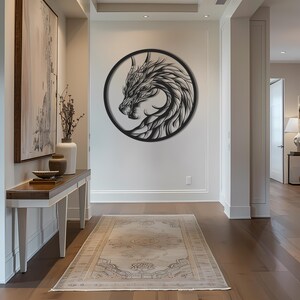 May include: A black metal dragon wall art piece, circular in shape, hangs on a white wall. The dragon is depicted in profile, with intricate details. The artwork is a decorative element in a hallway with a rug and a console table.
