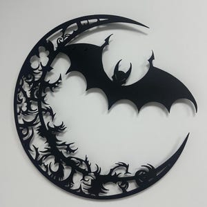 Bat Flying Over Crescent Moon, Detailed Halloween Decor, Perfect for Spooky Themes & Unique Home, Bat Metal Wall Art, Sinister Gothic Decor