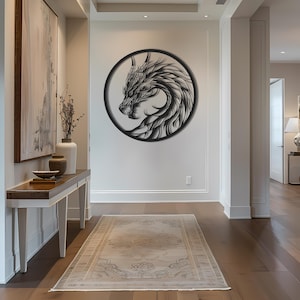 May include: A black metal dragon wall art piece, circular in shape, hangs on a white wall. The dragon is depicted in profile, with intricate details. The artwork is a decorative element in a hallway with a rug and a console table.