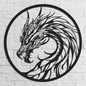 May include: Black metal dragon head wall art. The dragon is depicted in profile, with intricate details in its scales, horns, and open mouth. The artwork is set within a circular frame, creating a striking contrast against the white brick background.