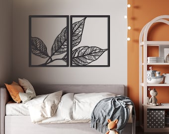 Arte de pared de hojas de metal, decoración de paredes de metal, obras de arte florales únicas de la naturaleza, arte de la pared de la sala de estar, decoración del hogar, decoración exclusiva de hojas, arte dorado