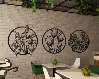 Conjunto de 3 decoración de arte de pared de metal de flores, decoración de pared de sala de estar, decoración sobre la cama, arte de pared de metal único, regalo de Navidad