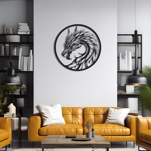 May include: A black metal dragon head wall art piece. The dragon is depicted in profile within a circular frame. The artwork is mounted on a white wall above a yellow leather sofa.