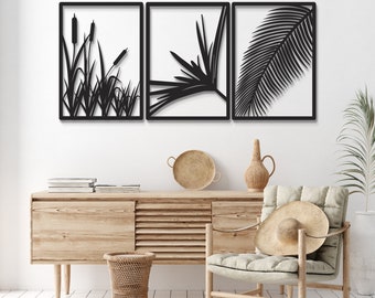 Conjunto de pared de galería de arte de pared de metal botánico neutro, Arte de pared minimalista de decoración de pared de 3 piezas, Arte de pared botánico de metal, Arte de pared de hojas tropicales