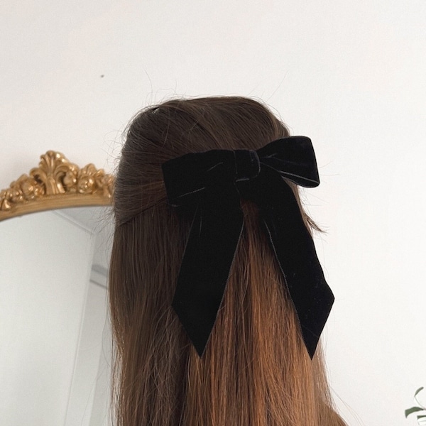 Black Short Velvet Hair Bow Ribbon Tail Bow Elegant French Bow Barrette