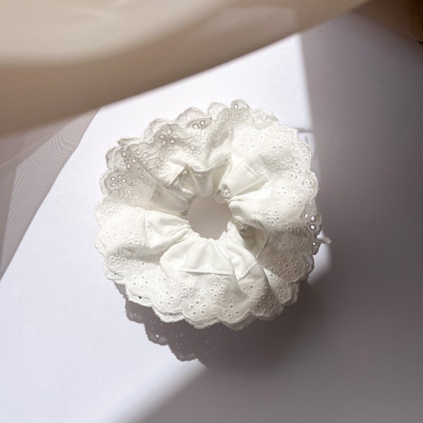 Big White Scrunchie Boho Lace Cotton Scrunchie Broderie Anglaise Hair Tie Chunky Chouchou Boho Romantic Gift for Her