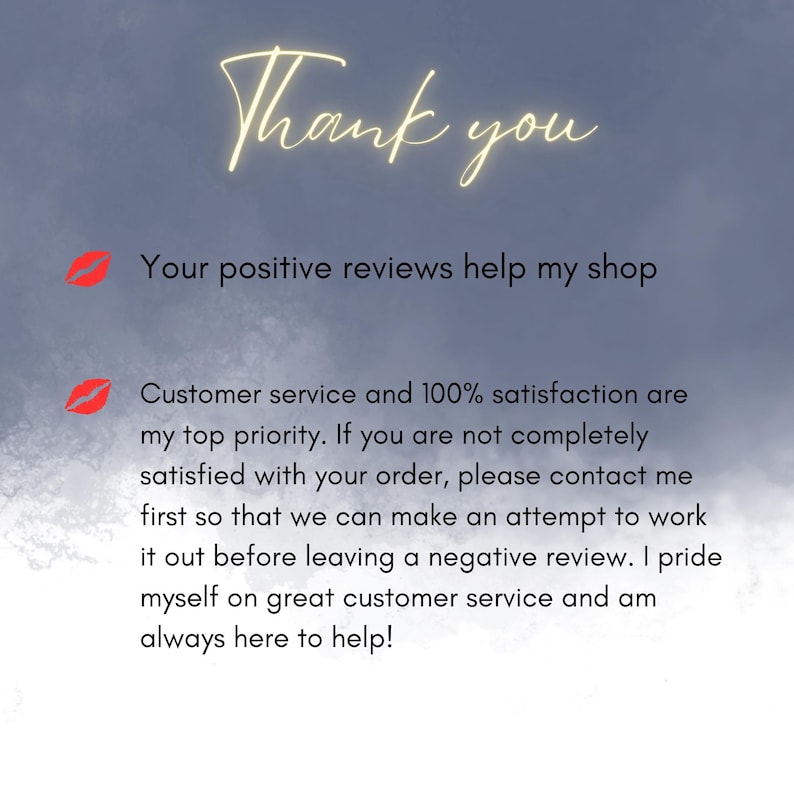 Puede incluir: Una imagen de texto con un mensaje sobre el servicio al cliente y las rese&ntilde;as. El texto dice: "Gracias. Tus comentarios positivos ayudan a mi tienda. El servicio al cliente y la satisfacci&oacute;n del 100% son mi m&aacute;xima prioridad. Si no est&aacute;s completamente satisfecho con tu pedido, ponte en contacto conmigo primero para que podamos intentar resolver el problema antes de dejar una rese&ntilde;a negativa. Me enorgullezco de mi excelente servicio al cliente y siempre estoy aqu&iacute; para ayudarte!"