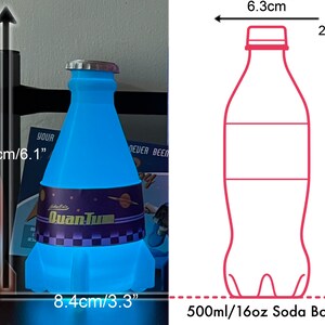 May include: A blue glass soda bottle with a silver lid and a label that says "Quan Tum". The bottle is 6.1 inches tall and 3.3 inches wide. It is next to a red soda bottle. The image also shows a diagram of a soda bottle with measurements in centimeters.