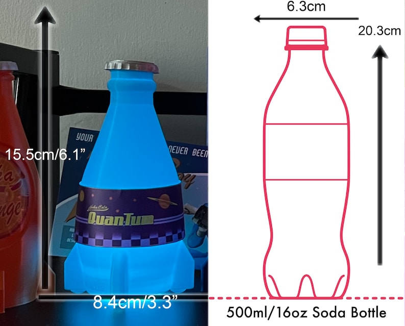 May include: A blue glass soda bottle with a silver lid and a label that says "Quan Tum". The bottle is 6.1 inches tall and 3.3 inches wide. It is next to a red soda bottle. The image also shows a diagram of a soda bottle with measurements in centimeters.
