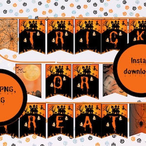 Trick or Treat Banner Garland | PDF, JPG, PNG | Halloween party decoration inside and outside | indoor & outdoor |