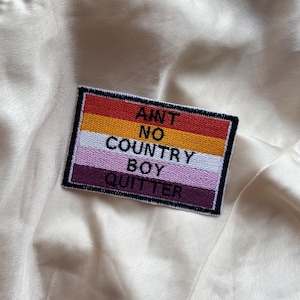 Può includere: Una toppa ricamata colorata con il testo "Ain't No Country Boy Quitter" in lettere nere. La toppa ha uno schema di colori rosso, arancione, giallo, rosa e viola.