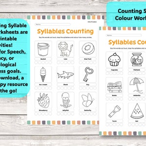 May include: Black and white printable worksheets for counting syllables. Each worksheet features a different image, such as a bucket, lion, kiwi fruit, cupcake, fish tank, caterpillar, books, umbrella, cat, torch, watermelon, and pig. The worksheets have circles for coloring in to represent the number of syllables in each word.