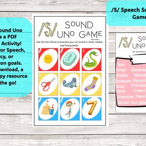 Juego de aprendizaje S Uno. Juego de fonética S. S Tarjetas de sonido de voz. Listas de palabras S. Articulación. Sonido inicial. Terapia del lenguaje. Literatura