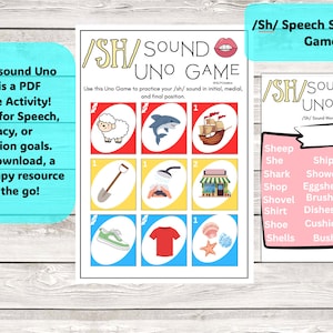 Jeu d'apprentissage SH Uno. Jeu de phonétique SH. Cartes son vocales SH. Listes de mots Sh. Articulation. Son de début. Orthophonie. Alphabétisation
