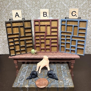 May include: Three wooden miniature display cases with different colored frames. The cases are labeled A1, B3, and C3. The cases are on a wooden table with a small hand and two black bird skulls.