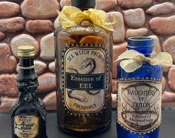 Set of Three Decorative Sea Witch and Mermaid Theme Poison Bottles